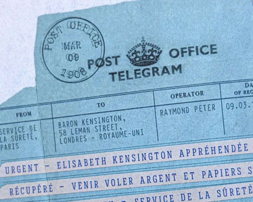 Fictional Post Office telegram addressed to Baron Kensington.