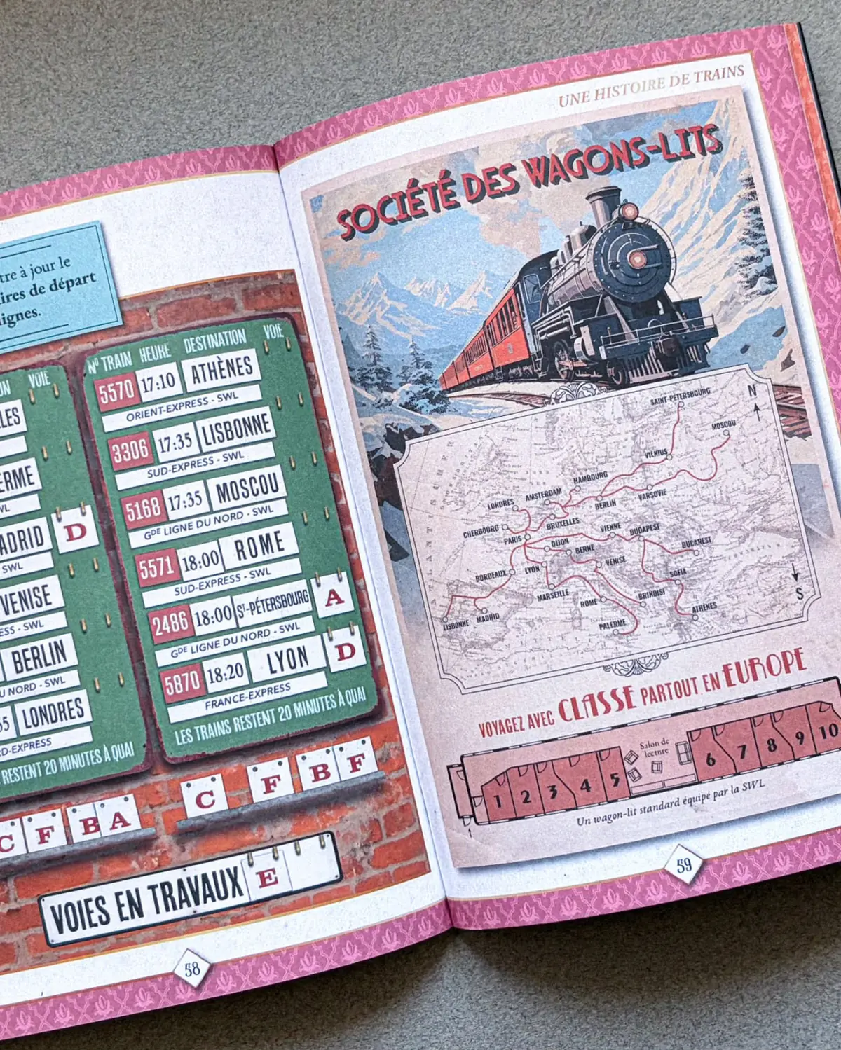 Open puzzle-book spread about the Wagons-Lits railway company, with a vintage train and a map of Europe.