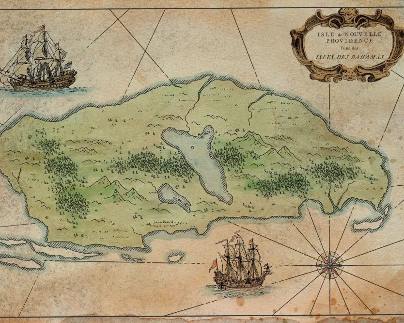 Aged treasure map of the Isle of New Providence with sailing ships and a compass rose.