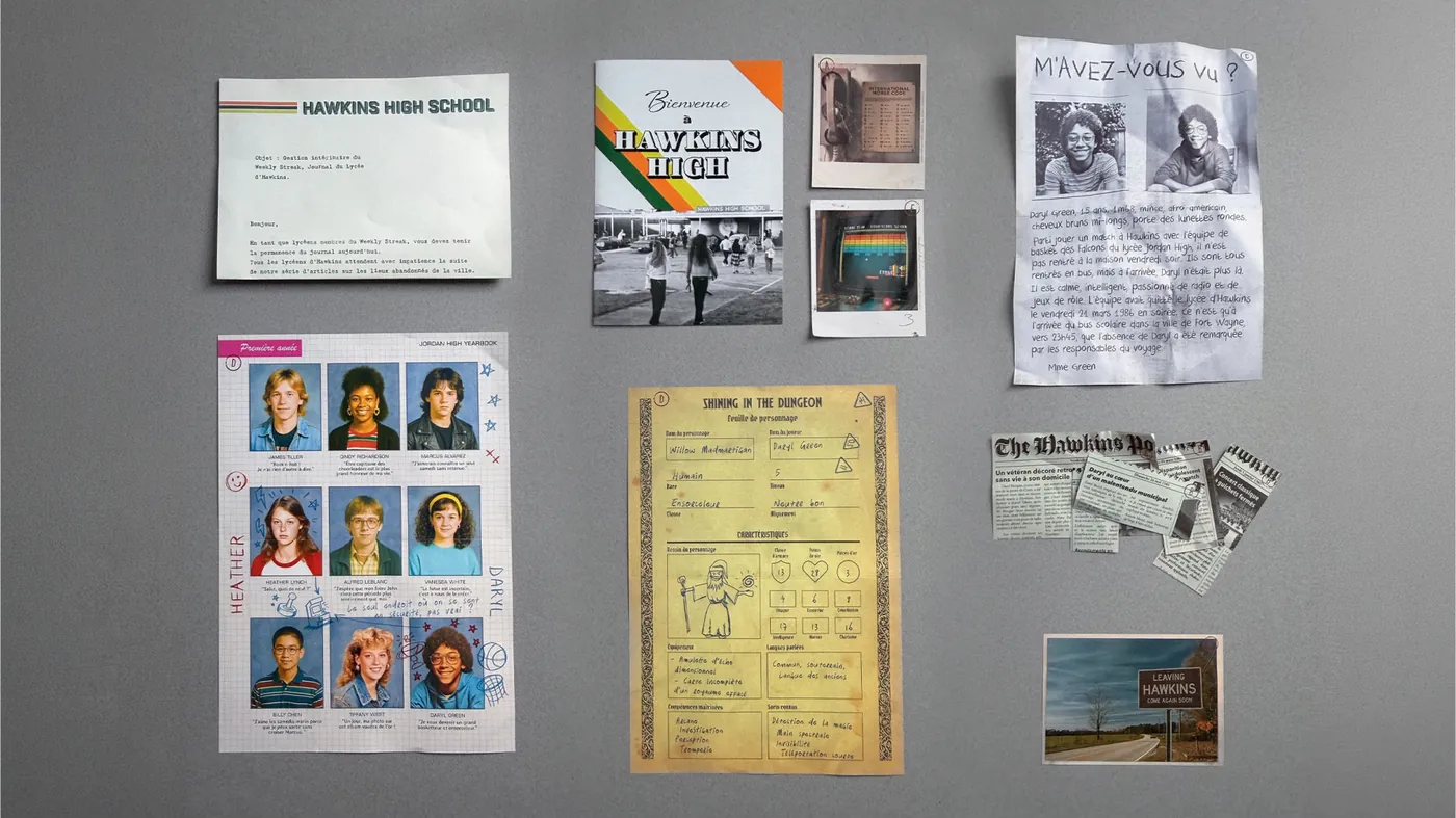 Wall of fictional Hawkins High School documents, yearbook pages and missing-person notices.