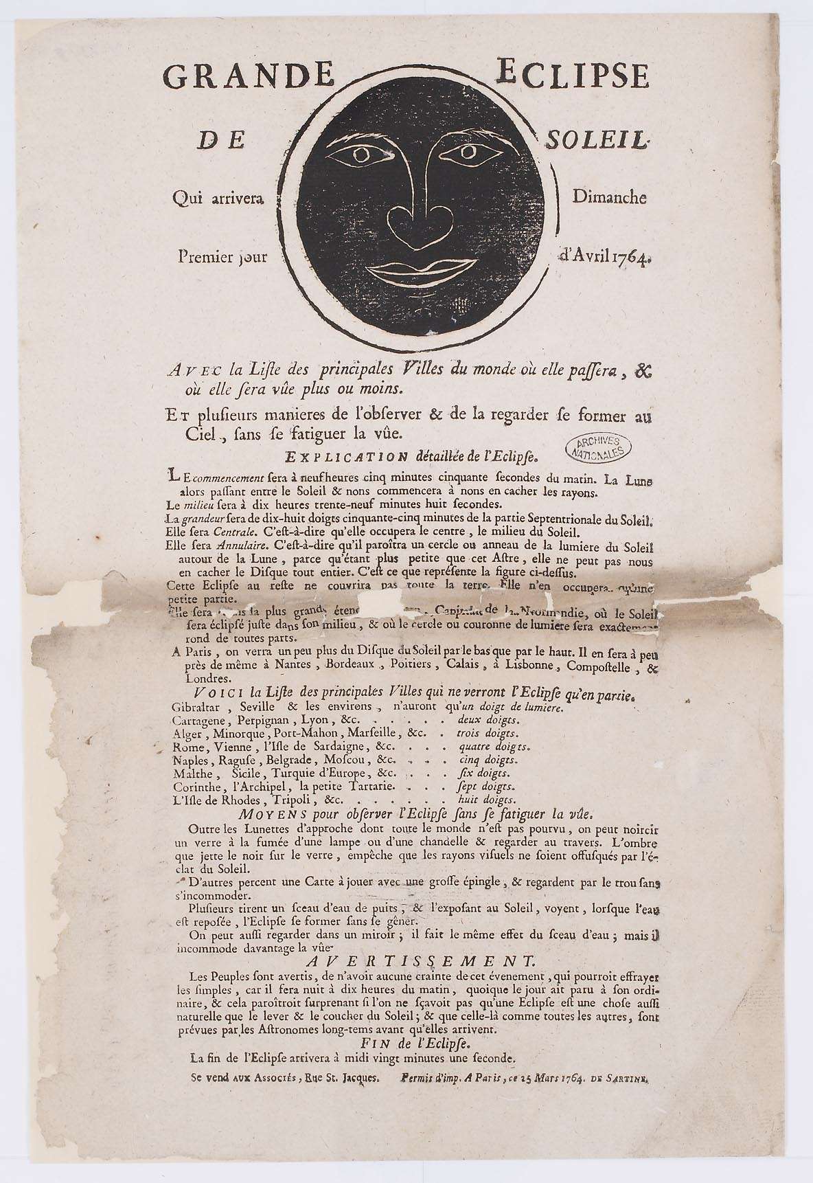 French poster announcing a solar eclipse on April 1, 1764, featuring an illustration of the Moon passing in front of the Sun and text printed in 18th-century type.