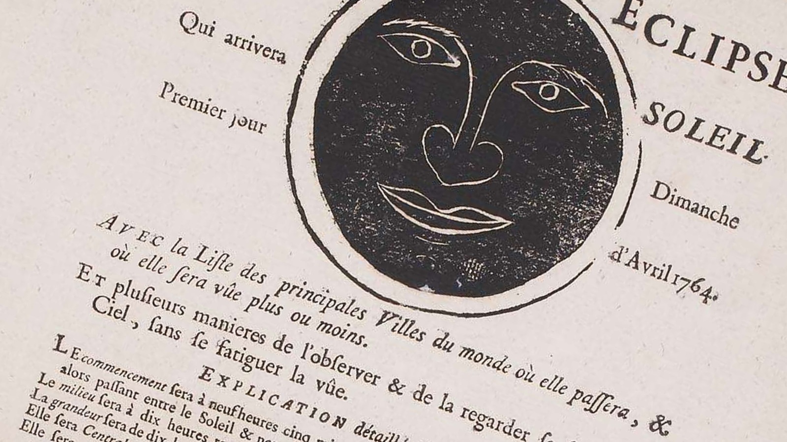 Close-up of a French poster announcing a solar eclipse on April 1, 1764, featuring an illustration of the Moon passing in front of the Sun and text printed in 18th-century type.