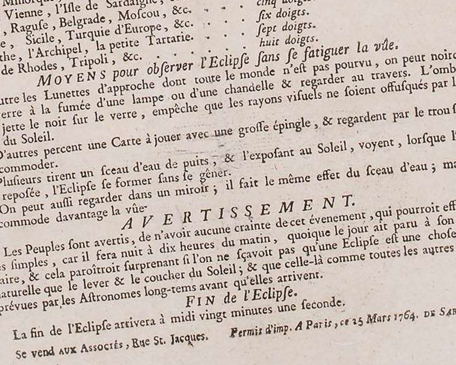 French poster announcing a solar eclipse on April 1, 1764, featuring an illustration of the Moon passing in front of the Sun and text printed in 18th-century type.