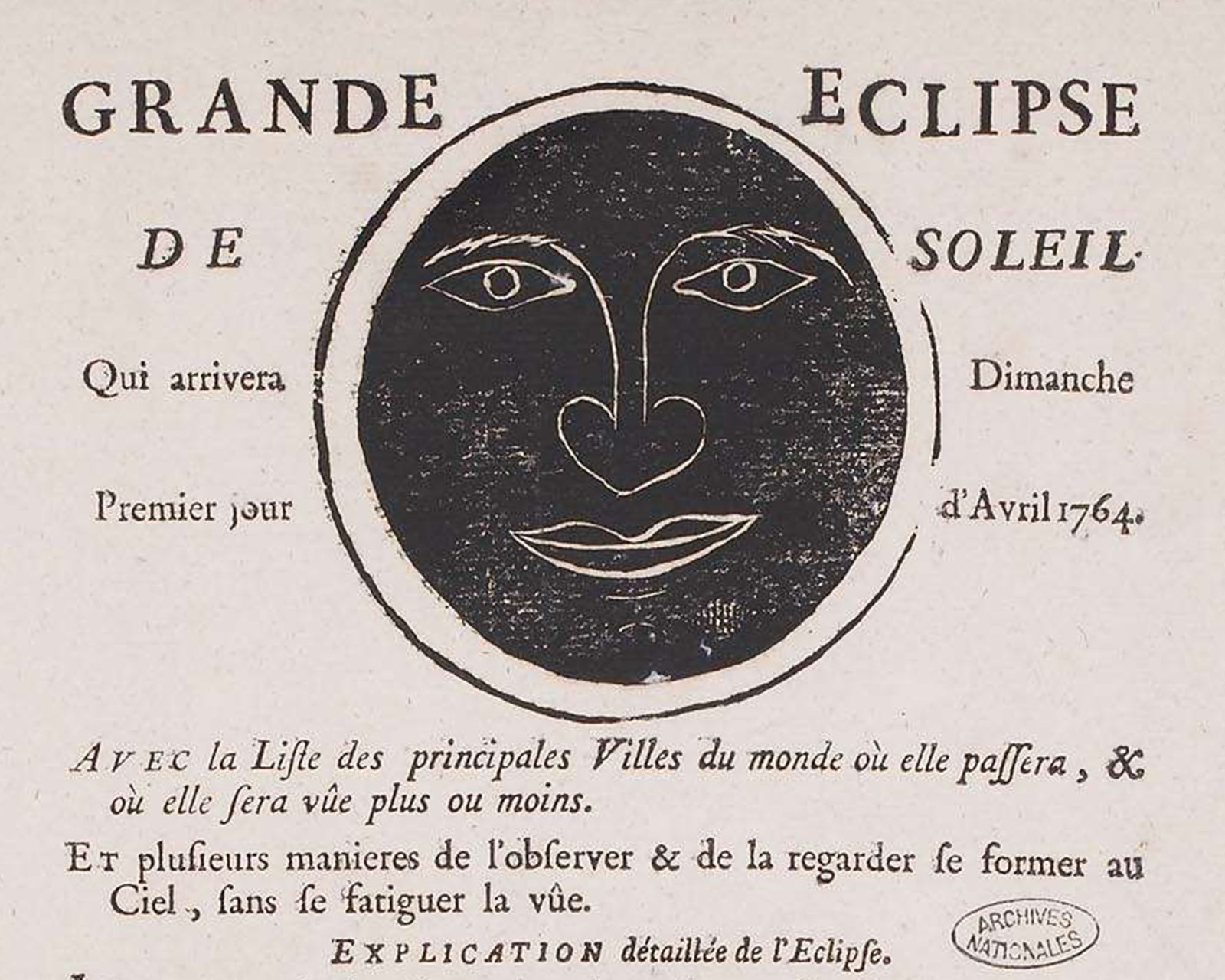 French poster announcing a solar eclipse on April 1, 1764, featuring an illustration of the Moon passing in front of the Sun and text printed in 18th-century type.